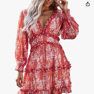 Spring/Summer Deep V Neck Ruffle Long Sleeve Floral Print Mini Dress